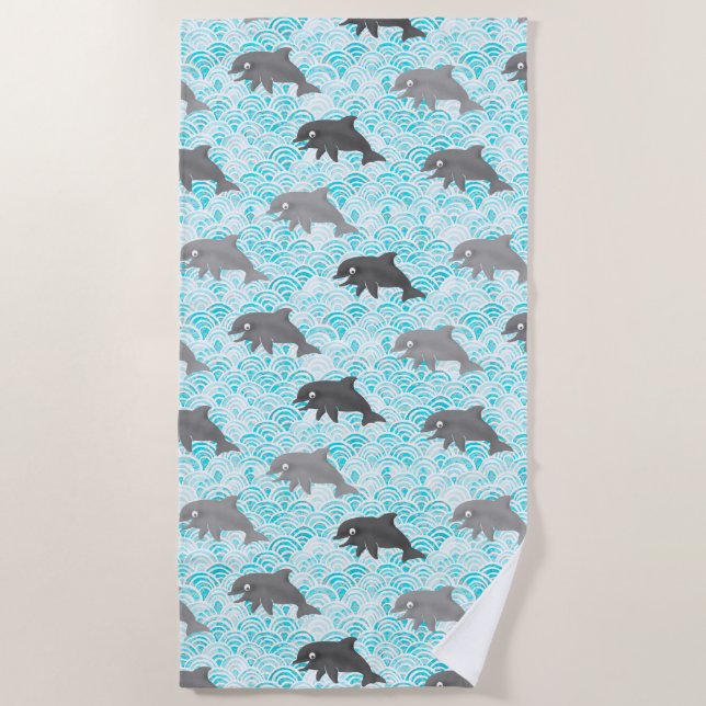 Keiki Watercolor Dolphin Wave Strandtuch (Vorderseite)