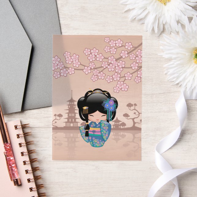 Keiko Kokeshi Doll Blue Kimono Geisha Beige Insert (Hochzeit)