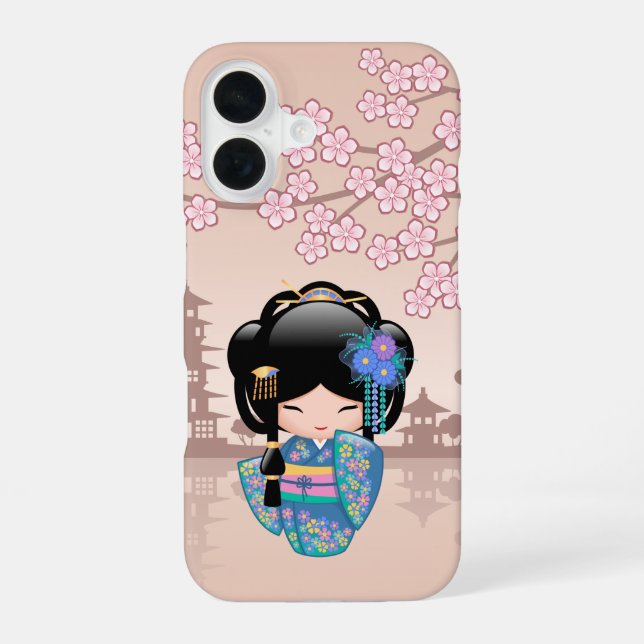 Keiko Kokeshi Doll - Blue Kimono Geisha Girl iPhone 16 Hülle (Rückseite)