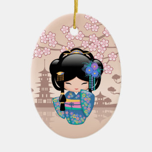 Keiko Kokeshi Doll - Blue Kimono Geisha Girl Keramik Ornament