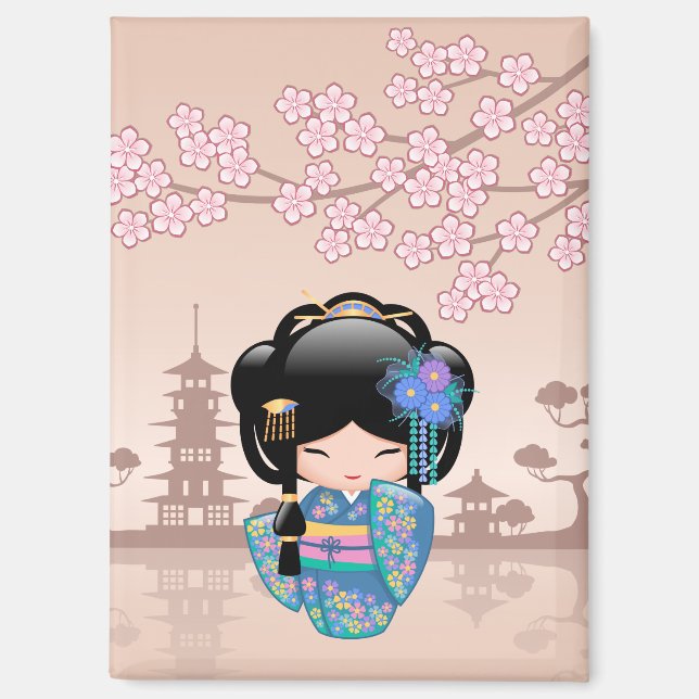 Keiko Kokeshi Doll - Blue Kimono Geisha Girl Magnet (Vorderseite)