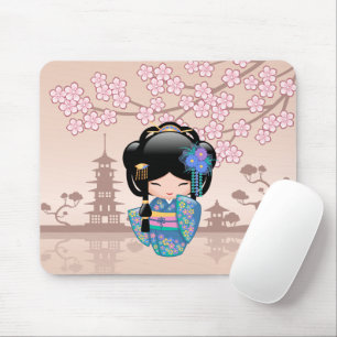 Keiko Kokeshi Doll - Blue Kimono Geisha Girl Mousepad