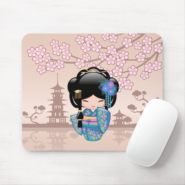 Keiko Kokeshi Doll - Blue Kimono Geisha Girl Mousepad (Mit Mouse)