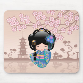 Keiko Kokeshi Doll - Blue Kimono Geisha Girl Mousepad