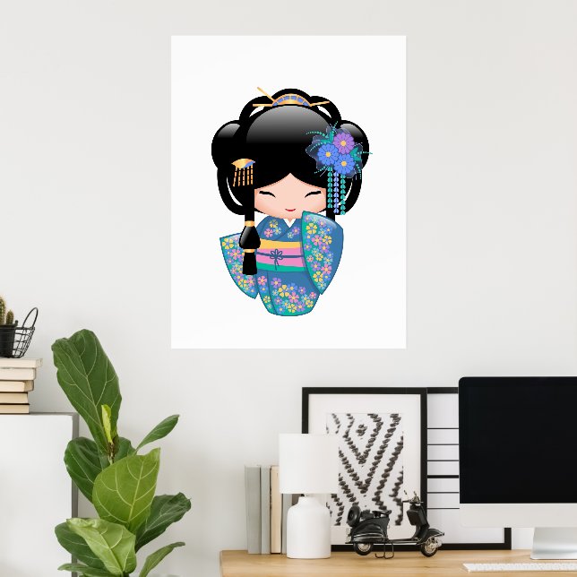 Keiko Kokeshi Doll - Blue Kimono Geisha Girl Poster (Heimbüro)