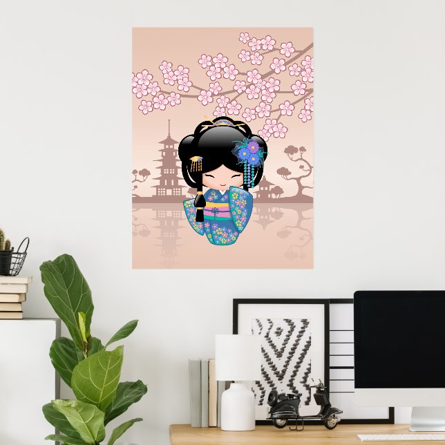 Keiko Kokeshi Doll - Blue Kimono Geisha Girl Poster (Heimbüro)