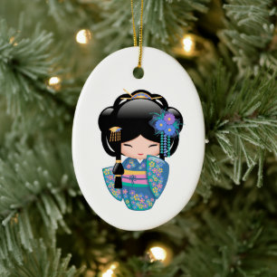 Keiko Kokeshi Doll - Blue Kimono Geisha Keramik Ornament