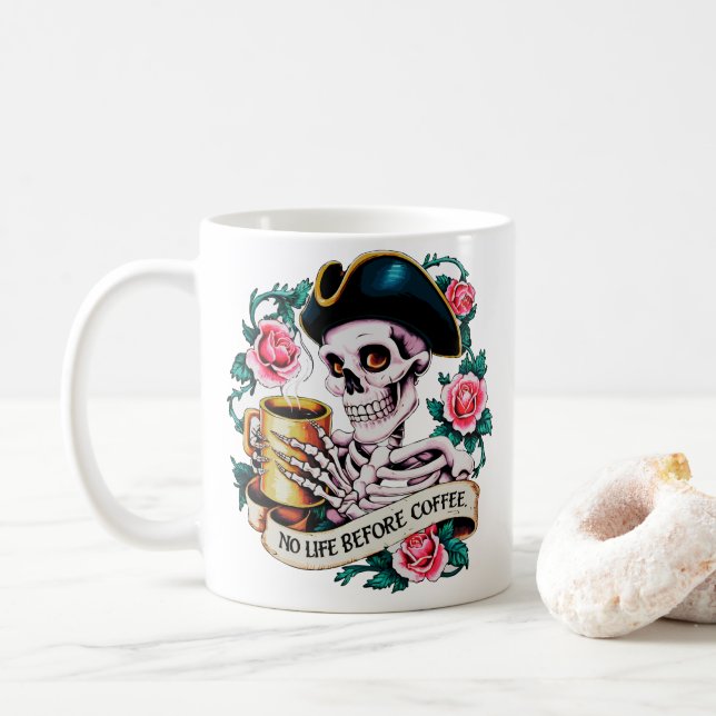 Kein Leben vor Kaffee Funny Skelett Kaffeetasse (Mit Donut)