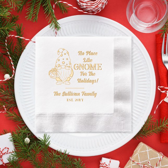 Kein Ort wie Geburtsdatum Servietten Mit Folie ("No Place Like Gnome [Home] For the Holidays!" Cute Gnome, Family Name | Year Stamped Foil Napkins)