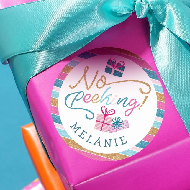 Kein Peeking, glatter Glitzer Streifen farbige Ges Runder Aufkleber (No Peeking Bright Glitter Stripe Colorful Presents Classic Round Sticker)
