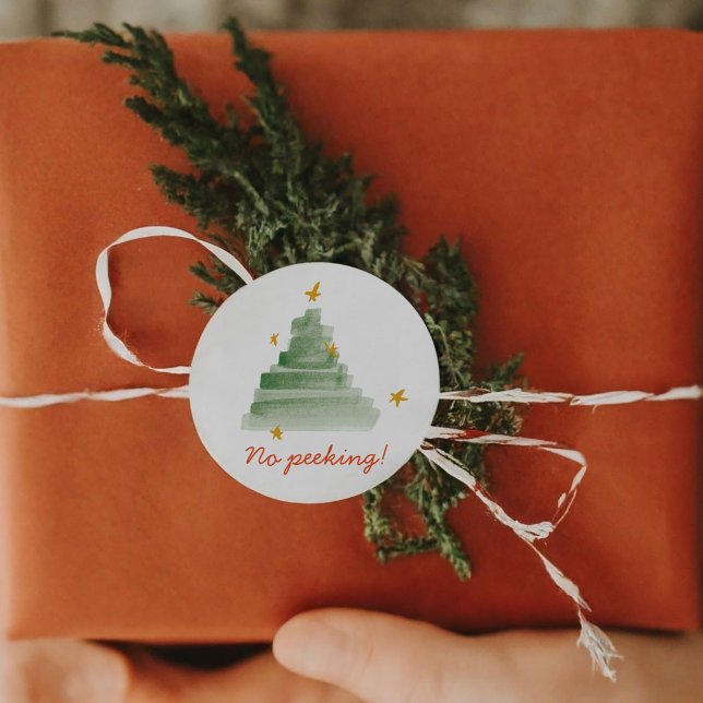 Kein Peeking Starlit Wasserfarbe Weihnachtsbaum Runder Aufkleber (No Peeking Starlit Watercolor Christmas Tree Classic Round Sticker)