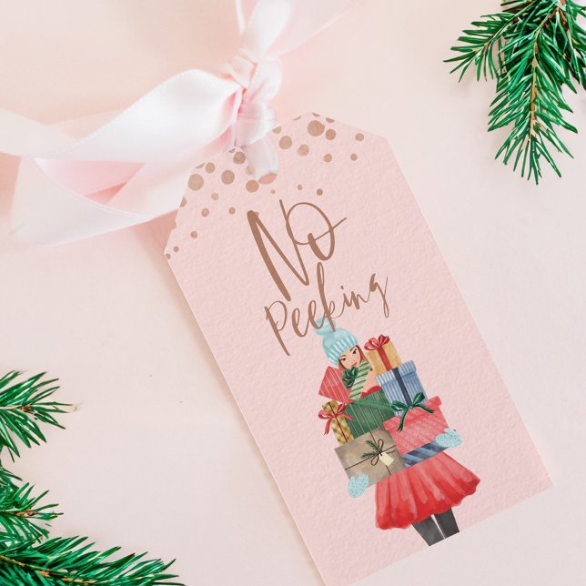 Kein Peeking Watercolor Girl Weihnachtsgeschenke Geschenkanhänger (No Peeking Watercolor Girl Christmas Presents Gift Tags)