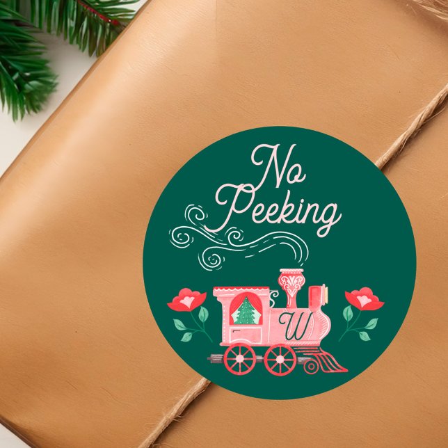 Kein Pinkeln Vintage Zugverbindung, Monogramm grün Runder Aufkleber (No Peeking Pink Vintage Train Monogram Green Classic Round Sticker)