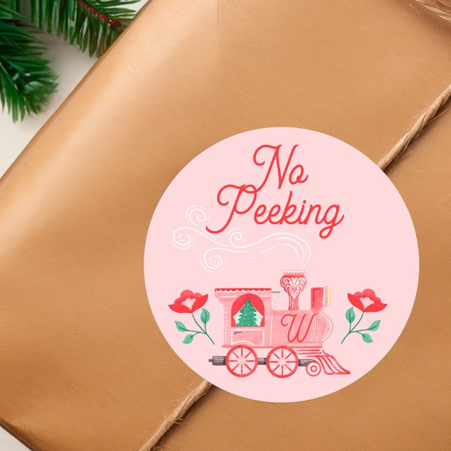 Kein Pinkeln Vintager Zug Monogramm Pink Runder Aufkleber (No Peeking Pink Vintage Train Monogram Pink Classic Round Sticker)