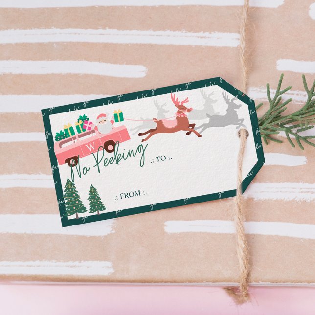 Kein Pinkeln von Santa's Comin in Town Pink Van Geschenkanhänger (No Peeking Santa's Comin' To Town Pink Van Gift Tags)