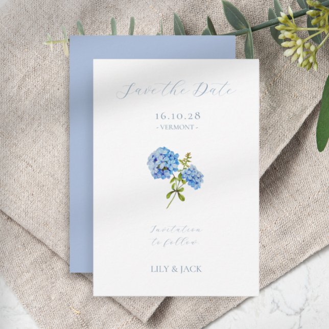 Keine Foto Blue Script Hydrangea Save the Date Kar (Von Creator hochgeladen)