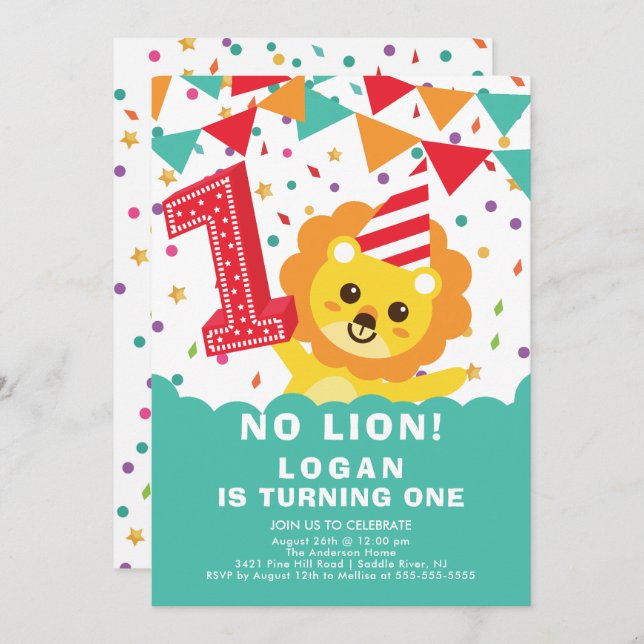 Keine Lion 1. Geburtstag Einladung (Vorne/Hinten)