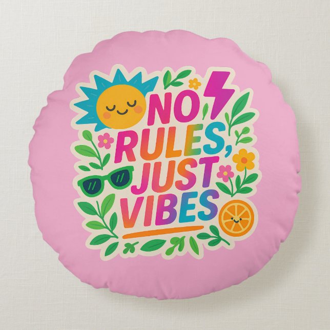 Keine Regeln nur für Vibes - Neon Gradient Kawaii- Rundes Kissen (Vorderseite)