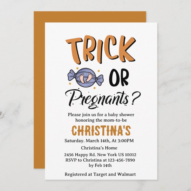 Keine Trick-Schwangere Halloween-Kinderdusche Einladung (Vorne/Hinten)