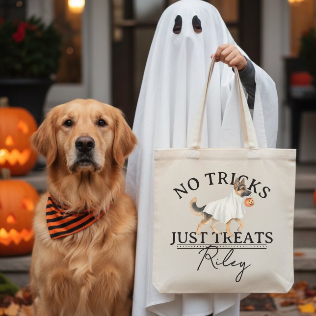 Keine Tricks nur Leckerei Funny Pun Ghost Hund Hal Tragetasche (Collect candy treats in the cutest No Tricks Just Treat Funny Pun Ghost Dog Halloween Tote Bag! )