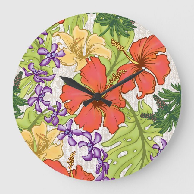 Keleah Tropical Hawaiian Hibiskus und Orchideen Große Wanduhr (Vorderseite)
