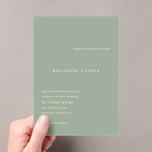 Kellianne Sage Green Modern Wedding Acryleinladungen (Insitu (Handheld))