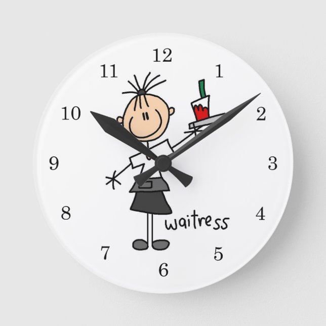 Kellnerin-Stick-Figur Runde Wanduhr (Vorderseite)