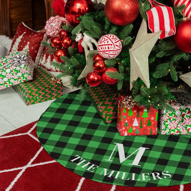 Kelly Green Buffalo Kariert Family Monogram Polyester Weihnachtsbaumdecke (Kelly Green Buffalo Plaid Family Monogram Brushed Polyester Tree Skirt)