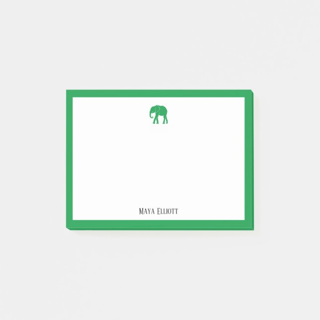 Kelly Green Elephant und Border on White mit Name Post-it Klebezettel (Vorderseite)