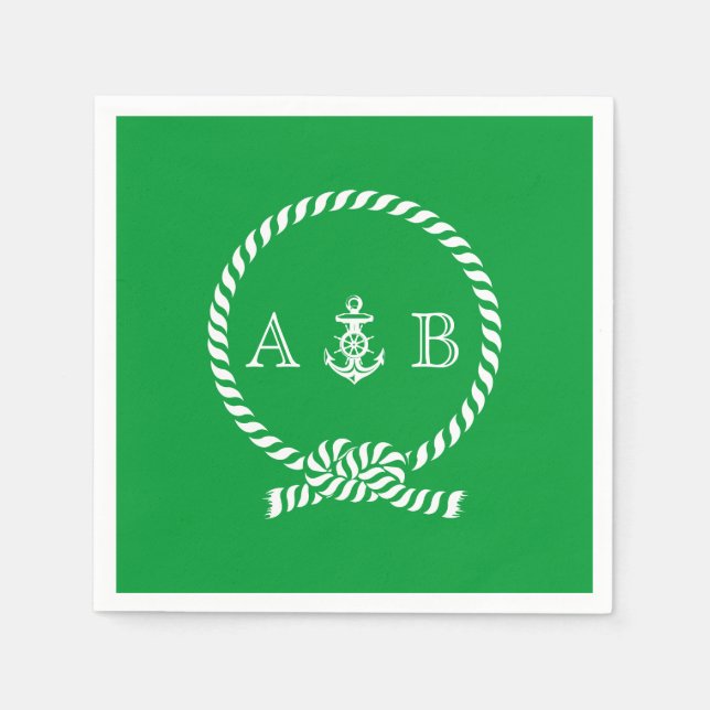 Kelly Green Nautical Rope and Anchor Mit Monogramm Serviette (Vorderseite)