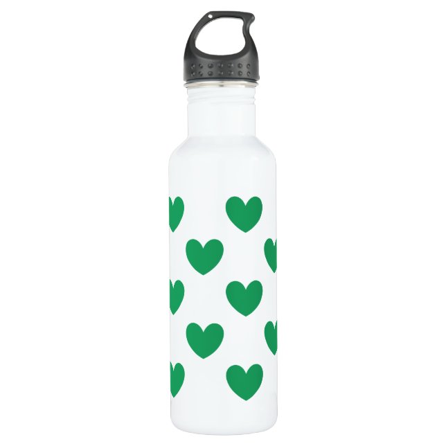 Kelly green polka herzen auf weiß edelstahlflasche (Vorderseite)