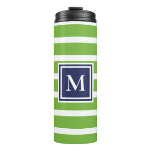 Kelly Green Stripe Navy Moderne Monogram Coastal Thermosbecher