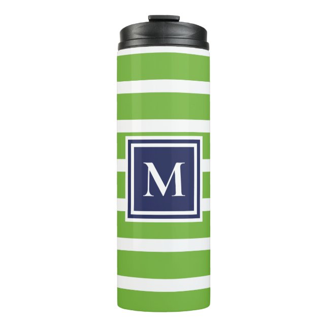 Kelly Green Stripe Navy Moderne Monogram Coastal Thermosbecher (Vorderseite)