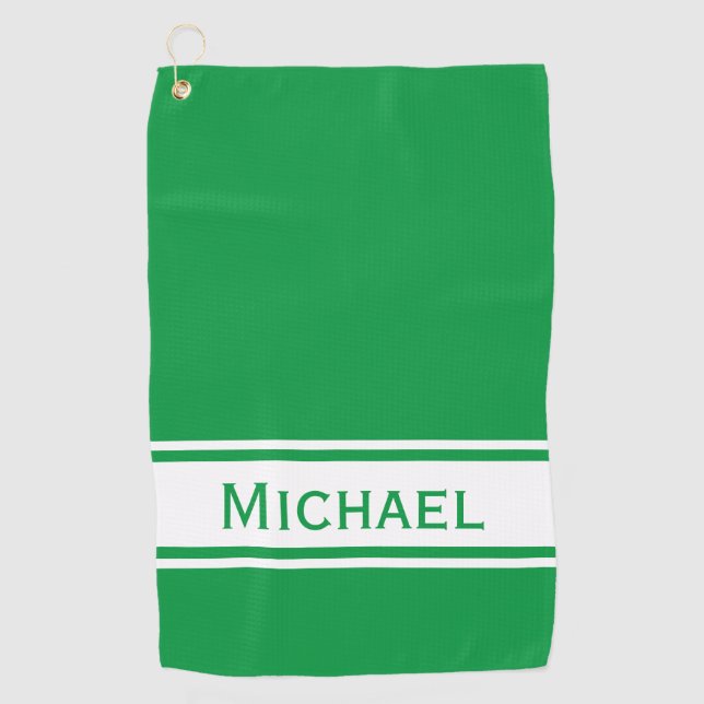Kelly Green White Strip Modern Name Monogram Golfhandtuch (Vorderseite)