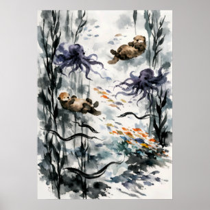 Kelp-Wald-Sumi-e-Wasserfarbenkunst Poster
