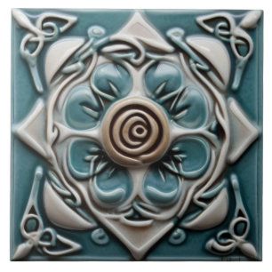 Keltisch inspirierte Teal-Grün- und Weißrose-Blume Fliese