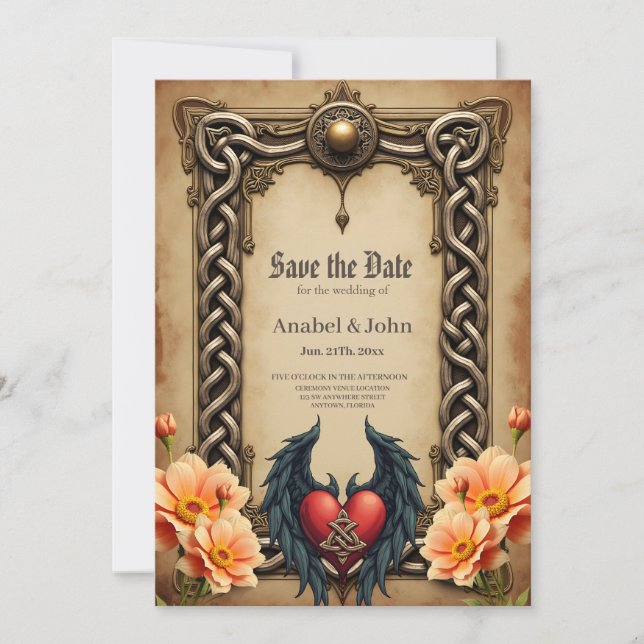 keltische Eleganz mit Herz und Flügeln. Save The Date (Vorderseite)