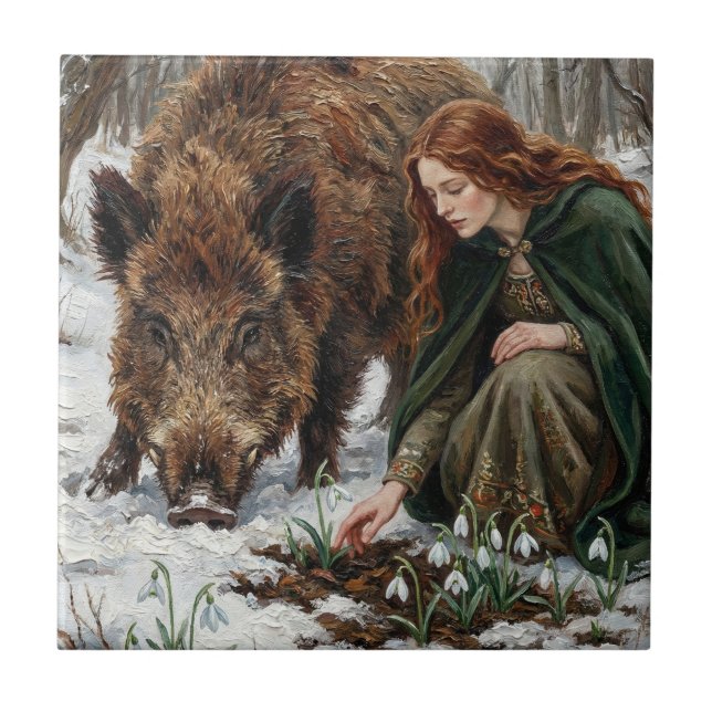 Keltische Göttin & Wildschwein Fliese (Vorderseite)