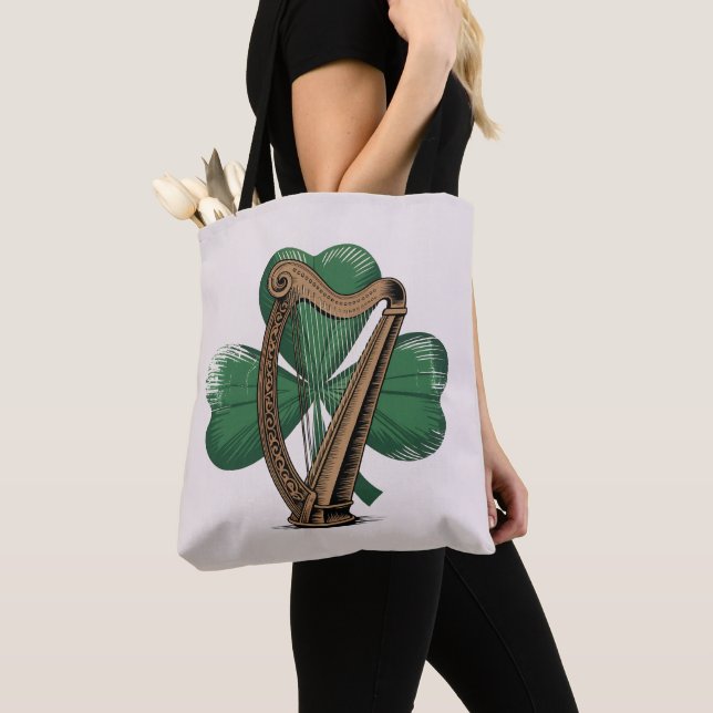Keltische Harfe Shamrock Irisches Erbe Tragetasche (Von Nahem)
