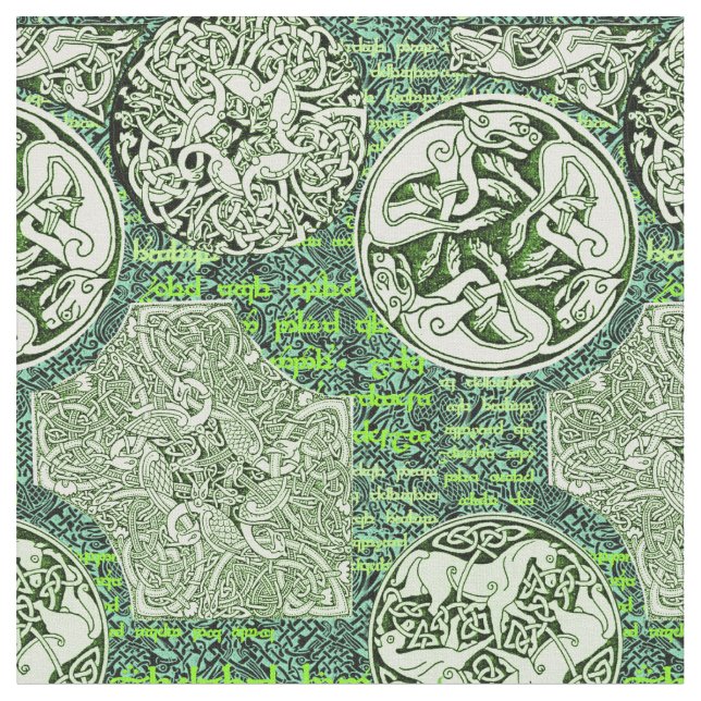 Keltische Hunde und Pferde im Grün Stoff (Nahaufnahme)