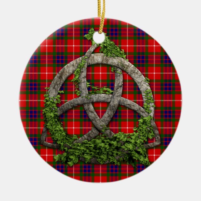 Keltischer Dreiheits-Knoten und Clan Fraser Tartan Keramikornament (Vorne)