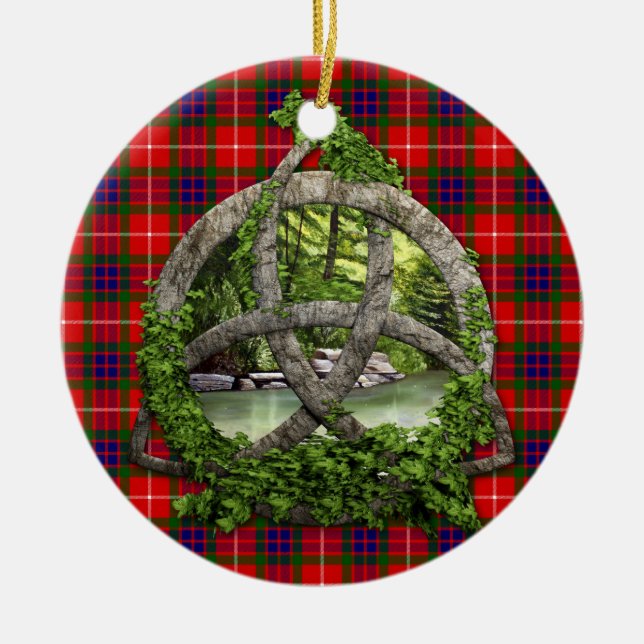 Keltischer Dreiheits-Knoten und Clan Fraser Tartan Keramikornament (Vorne)