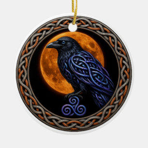 Keltischer Knoten-Rabe und Ernte-Mond-Halloween Keramik Ornament