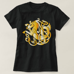 Keltischer Knoten-Seepferd-Mythisches Kelpie-Gold- T-Shirt