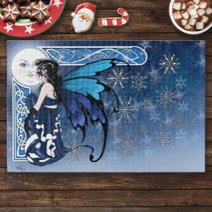 Keltischer Wintermond Fee Blaue Schneeflocken Fant Puzzle