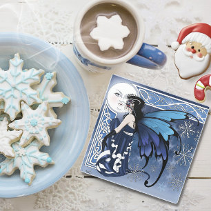 Keltischer Wintermond Feenblauer Schneeflocken Fan Glasuntersetzer