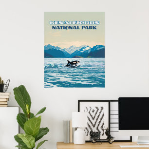 Kenai Fjords National Park Orca Alaska Retro Poster