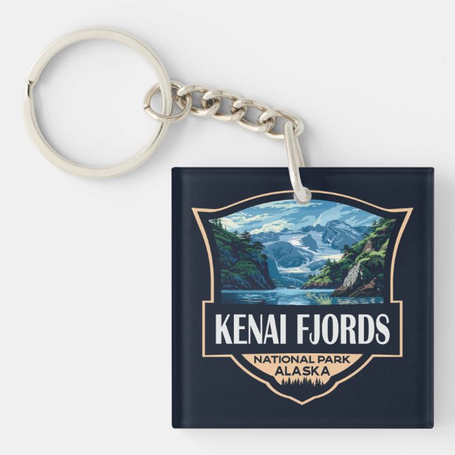 Kenai Fjords Nationalpark Illustration Retro Art Schlüsselanhänger (Vorderseite)