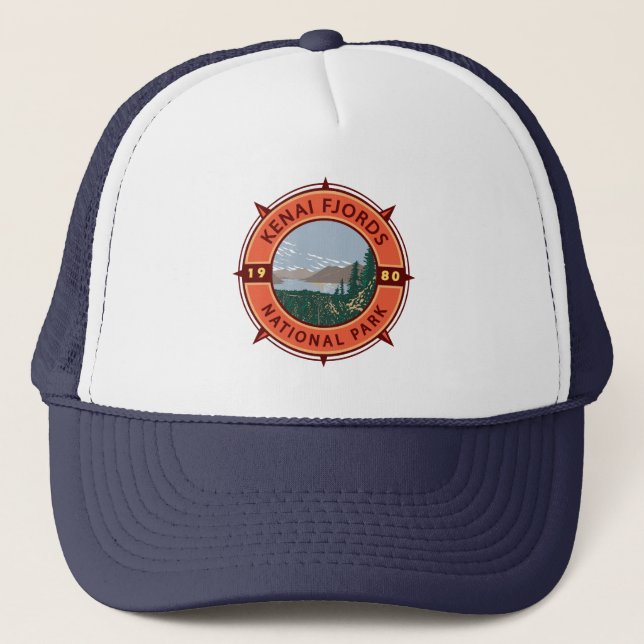 Kenai Fjords Nationalpark Retro Kompass Emblem Truckerkappe (Vorderseite)