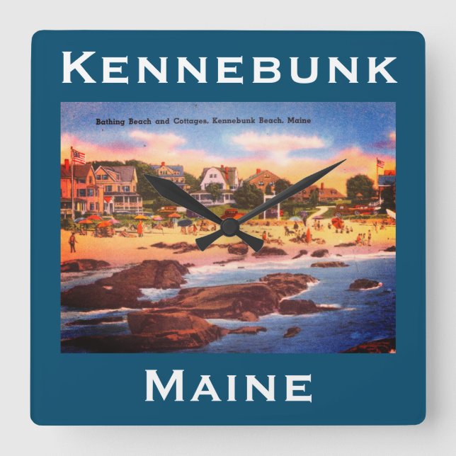 Kennebunk Beach, Maine Vintage Hütten Foto Quadratische Wanduhr (Vorderseite)